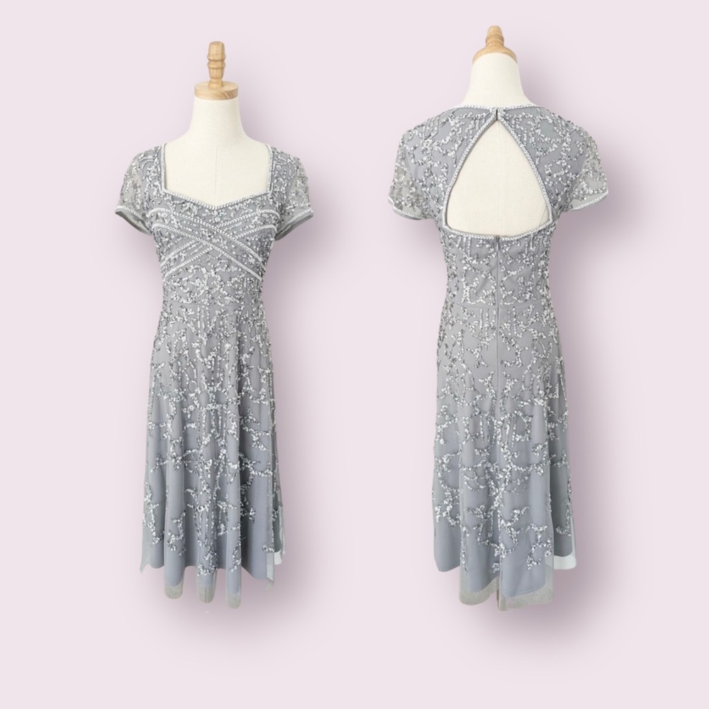 Adrianna Papell Sequin Embellished Cocktail Midi Dress Silver Size 10 - Picture 5 of 10